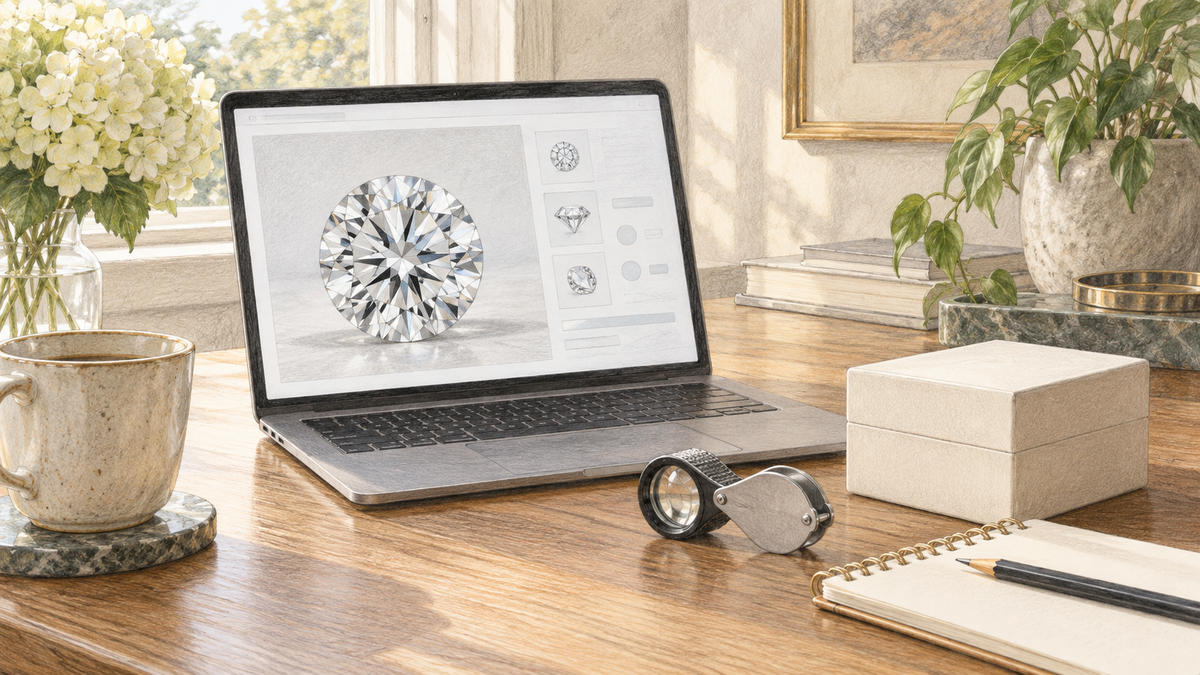 Pencil sketch of a laptop displaying a diamond beside a delivery box and loupe.
