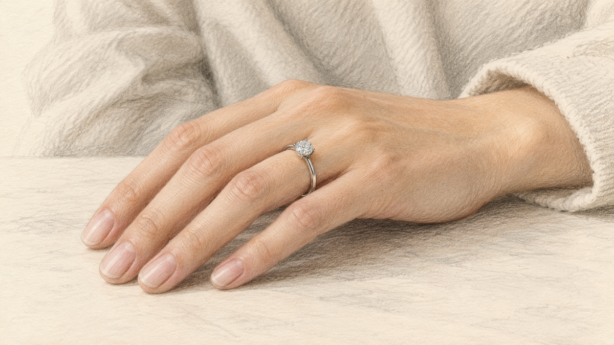 Pencil sketch of a solitaire engagement ring worn naturally on a hand.
