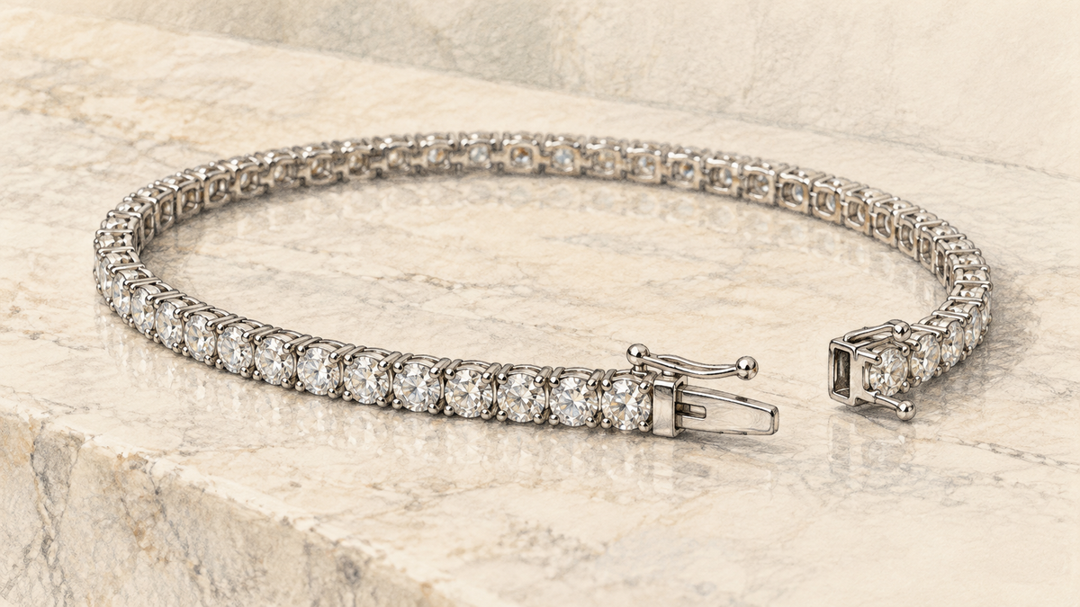 Pencil sketch of a flexible diamond tennis bracelet with its clasp visible.