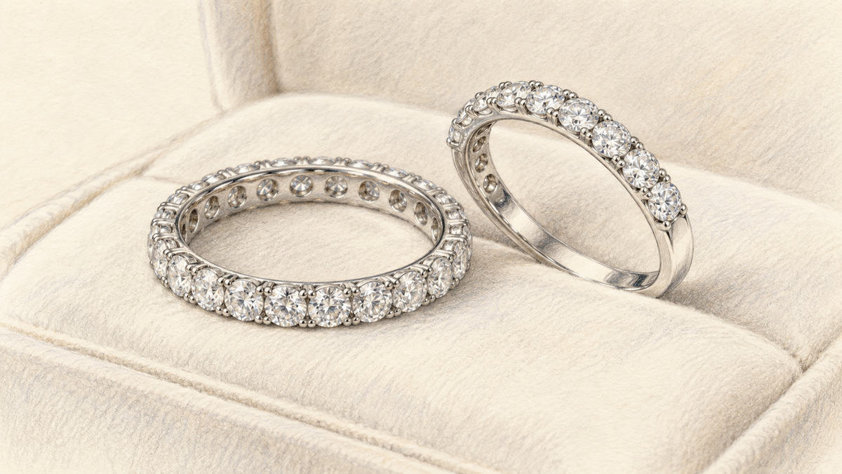Pencil sketch comparing a full eternity ring and a partial diamond wedding band.