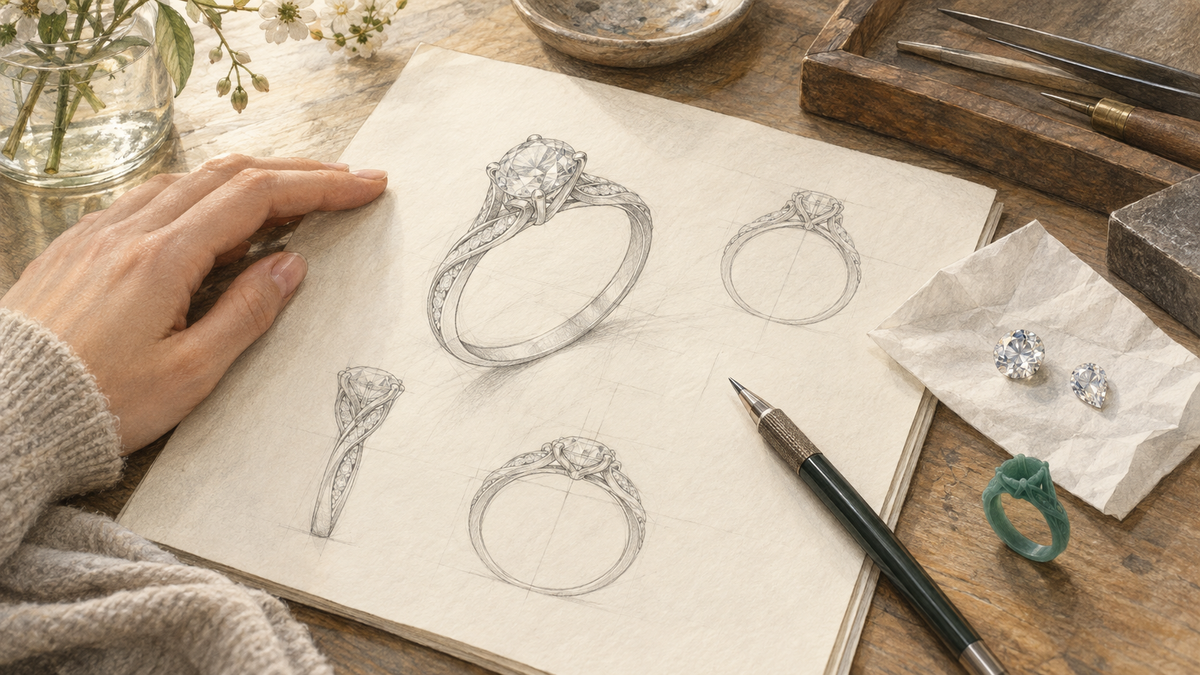 Pencil sketch of a bespoke jewelry design desk with a ring drawing and wax model.