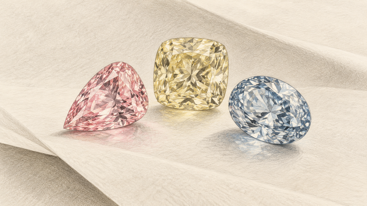 Colored pencil sketch of pink, yellow and blue faceted diamonds on gem paper.