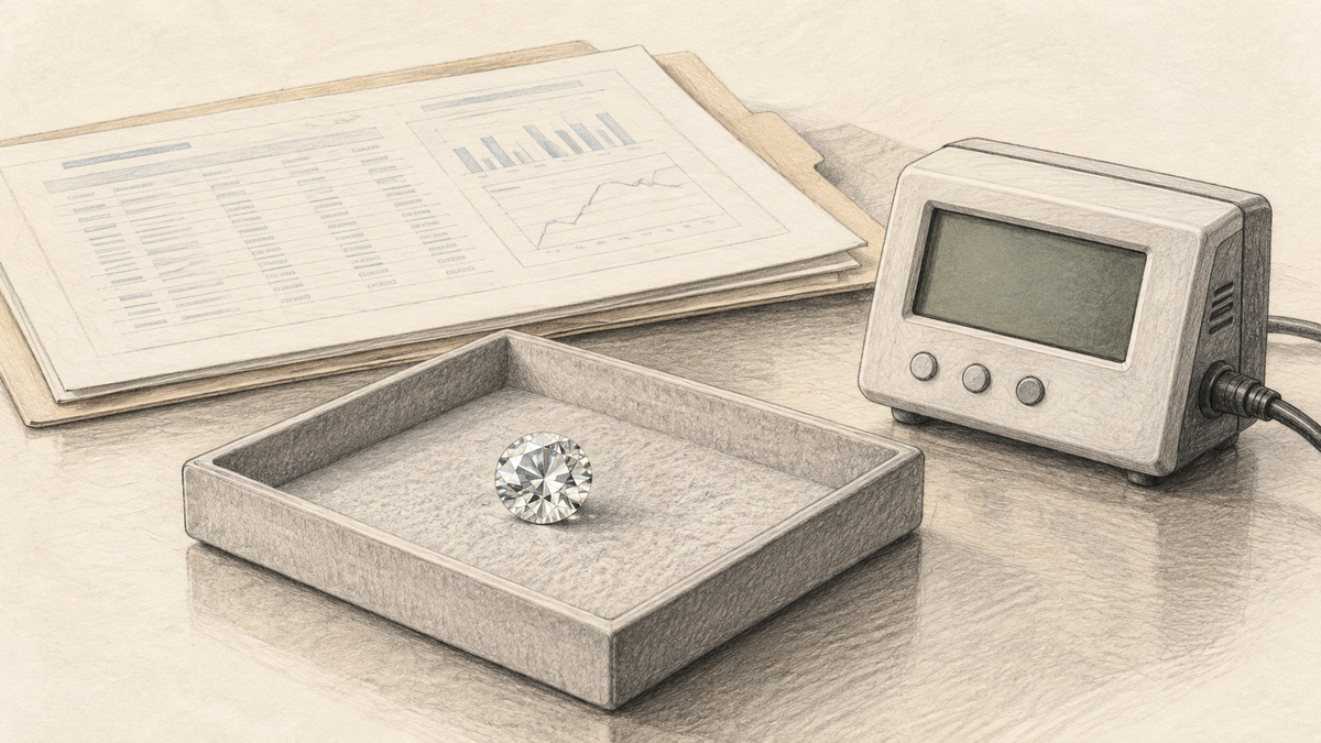 Pencil still life of a diamond, energy meter and analytical documents.