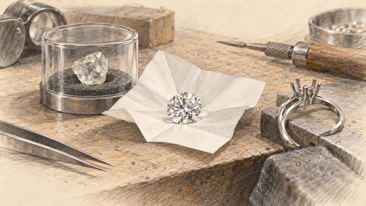Pencil sketch of a diamond crystal, polished diamond and unfinished jewelry setting.