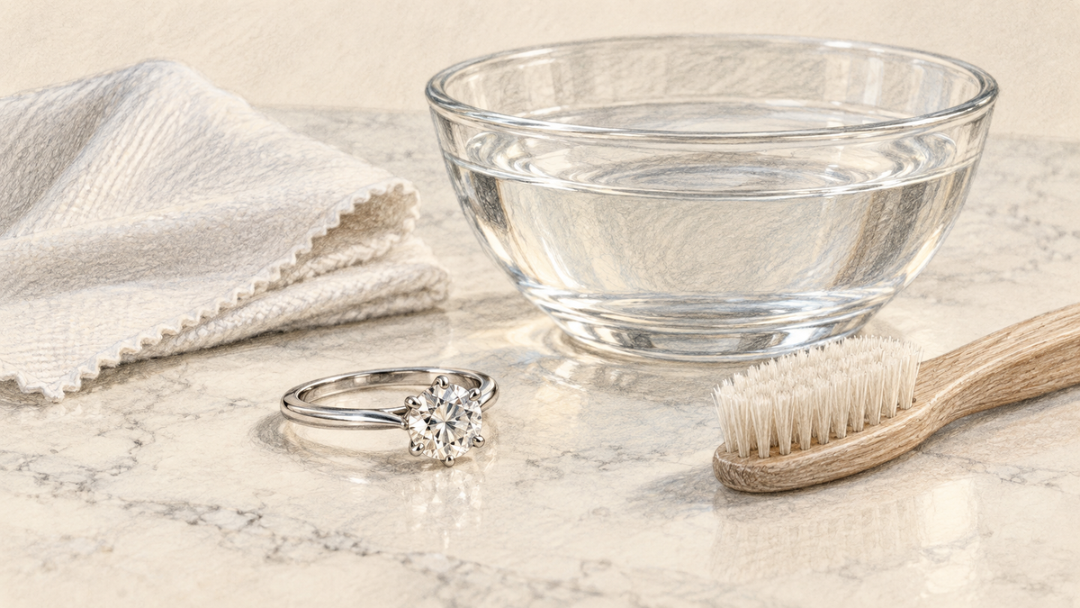 Pencil sketch of a diamond ring with a soft brush, water bowl and cleaning cloth.