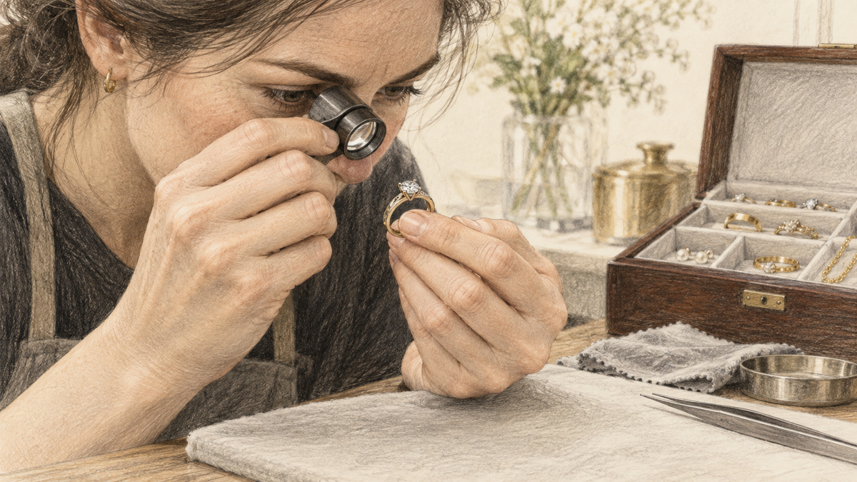 Pencil sketch of a jeweler inspecting a diamond ring over a cushioned work surface.