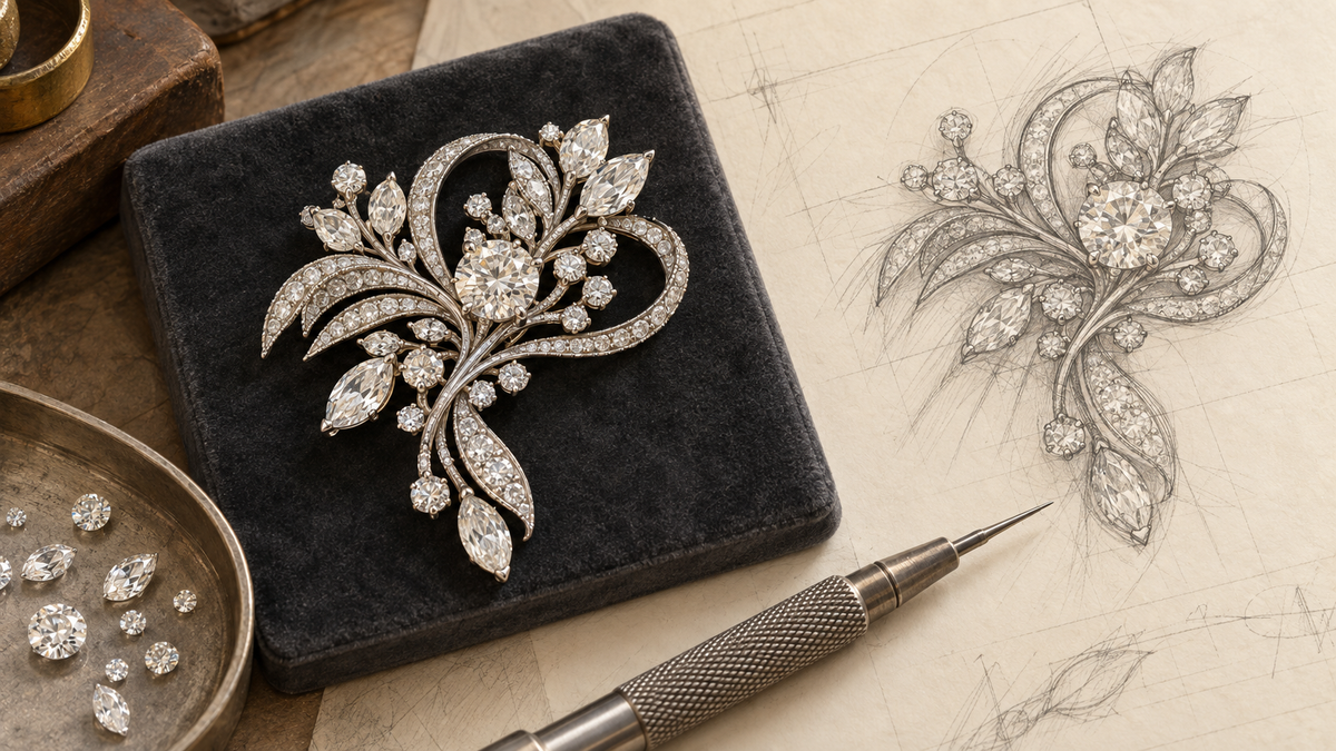 Detailed pencil study of a sculptural diamond brooch beside a design drawing and setting tool.