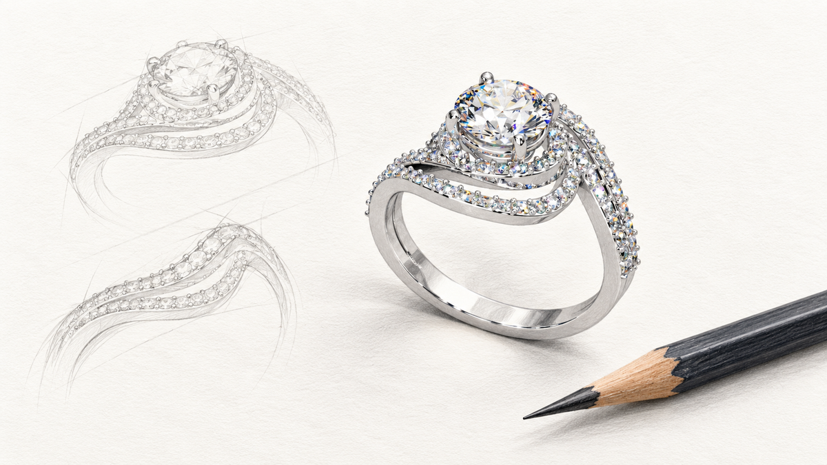 Editorial pencil study of the Opulent Grace ring beside design outlines and a graphite pencil.