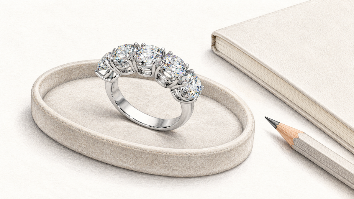 Pencil illustration of the Eternal Cascade ring on a consultation tray beside a notebook.