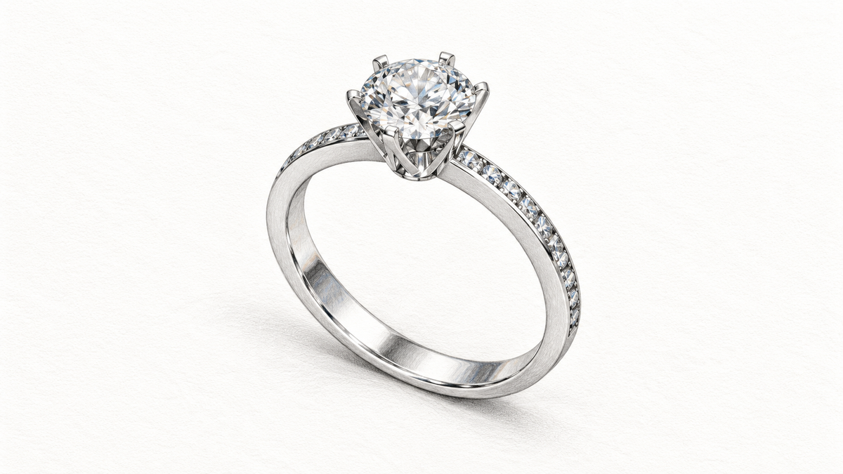 Pencil illustration of the Just Brilliant Solitaire ring with a round diamond center.