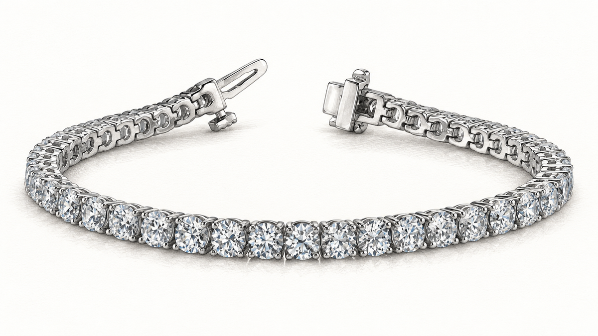 Graphite illustration of a round diamond tennis bracelet in an open oval.