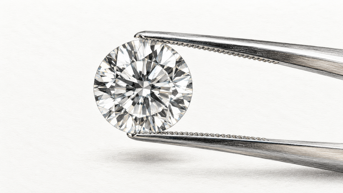 Graphite illustration of a loose round colorless diamond held in gem tweezers.
