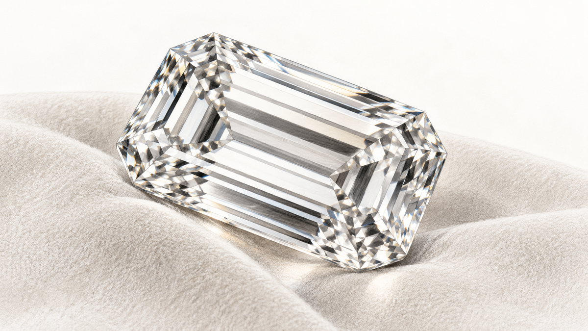 Pencil study of an emerald cut diamond resting on pale suede.