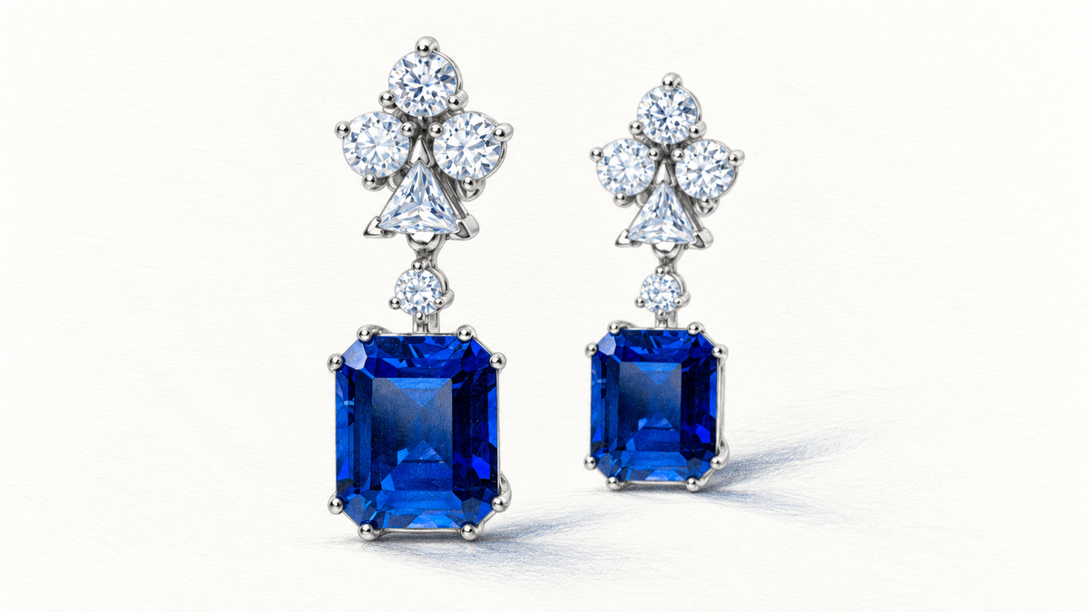 Pencil illustration of Sapphire Flush earrings with blue stones and white diamond motifs.