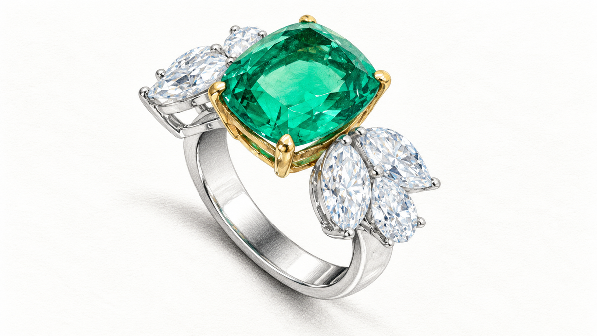 Colored pencil illustration of the green center and diamond details of Emerald Allure.