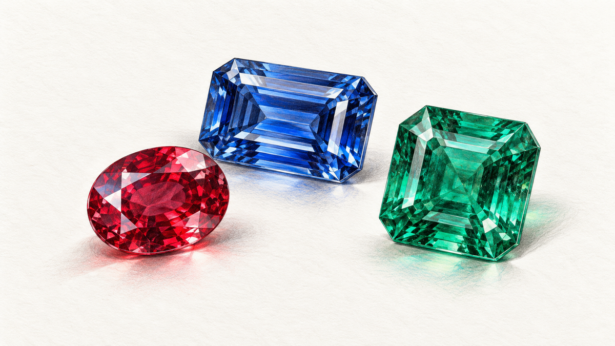Colored pencil study of red ruby, blue sapphire and green emerald as a gemstone palette.
