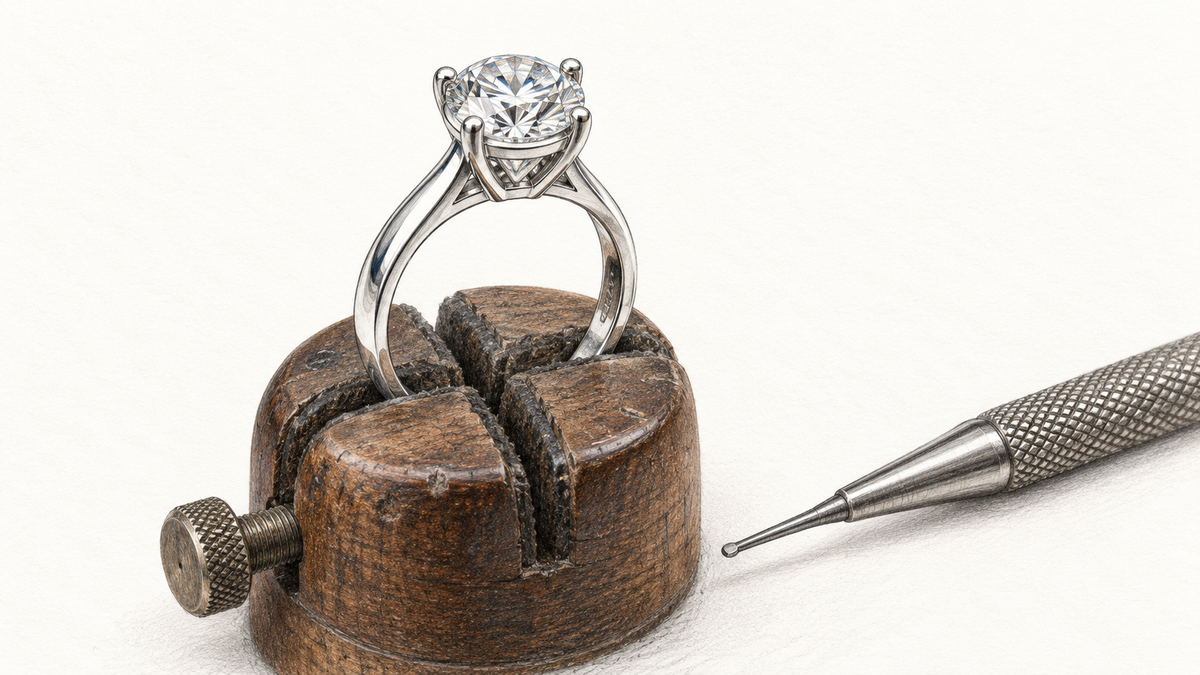 Illustrative graphite study of a ring in a setting clamp beside a jeweler's tool.