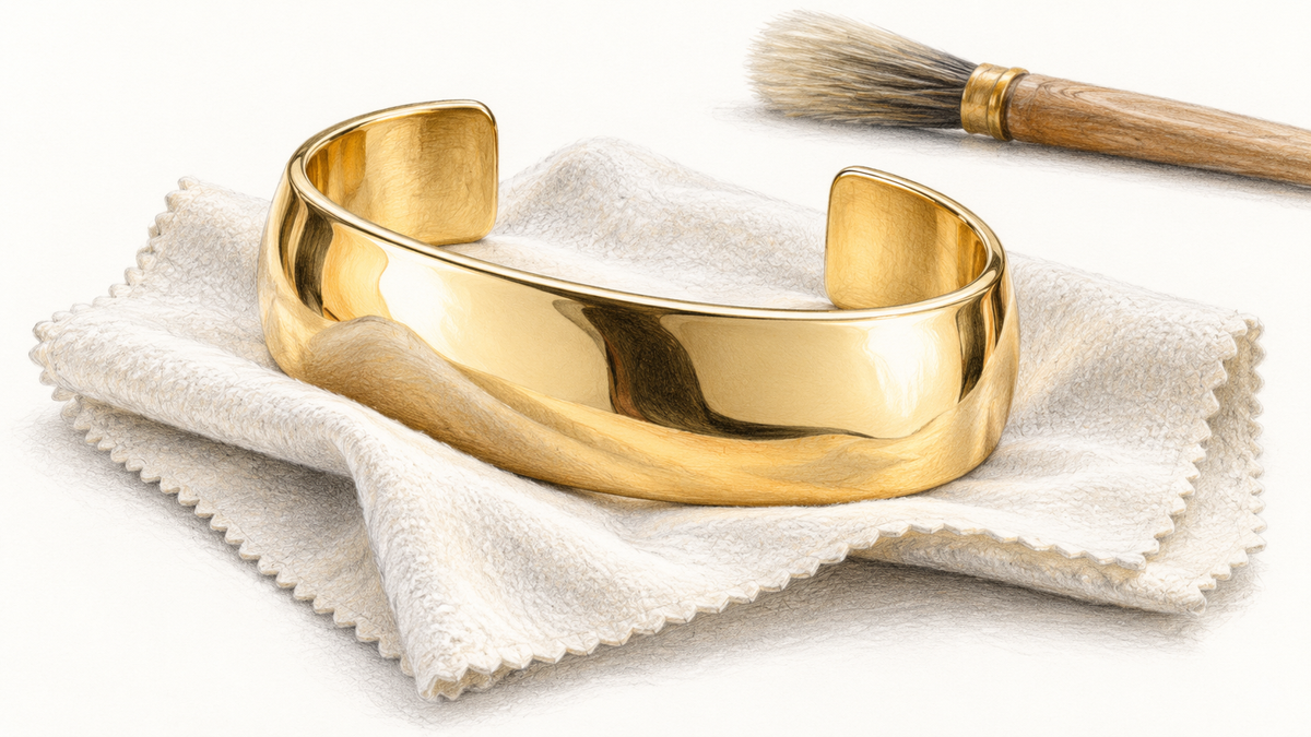 Colored pencil study of a polished gold cuff on a soft cloth.