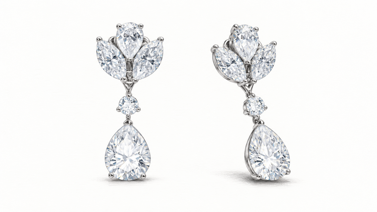 Pencil illustration of articulated Stardust Cascade diamond earrings.