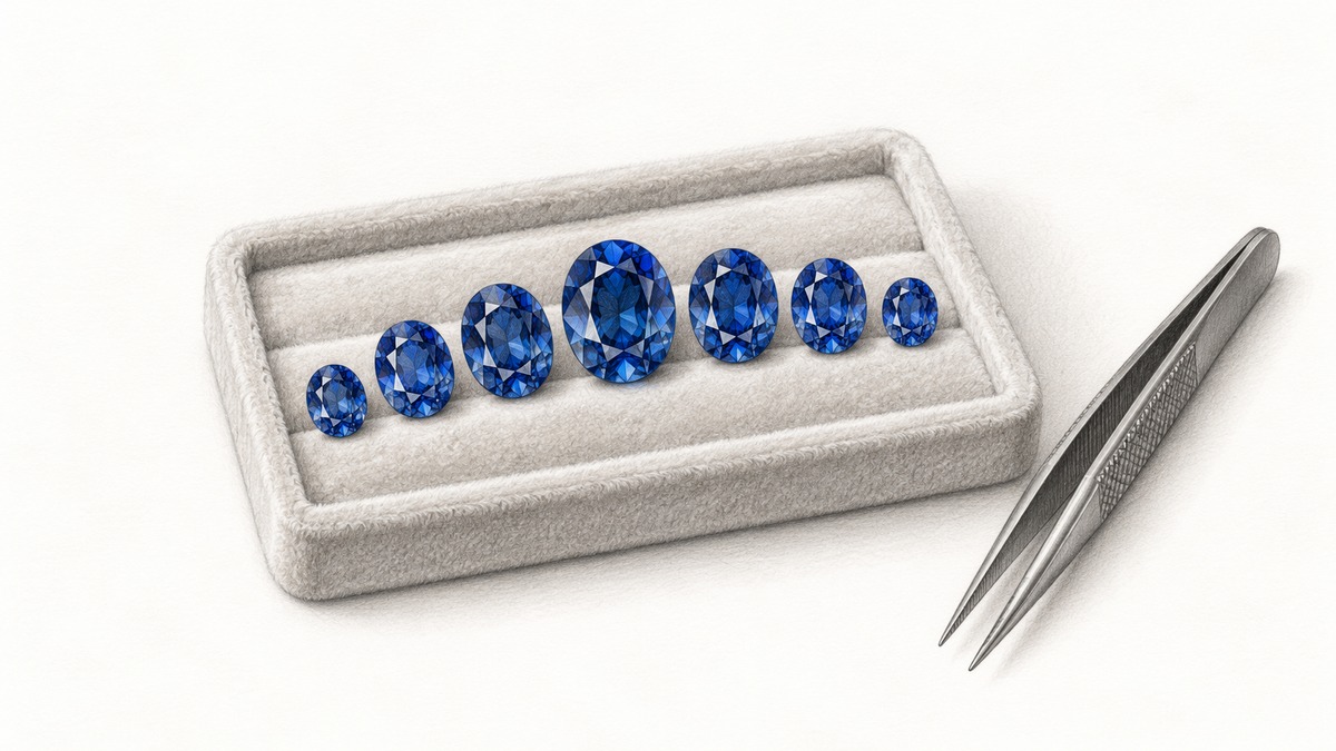 Colored pencil illustration of graduated blue stones arranged on a matching tray.
