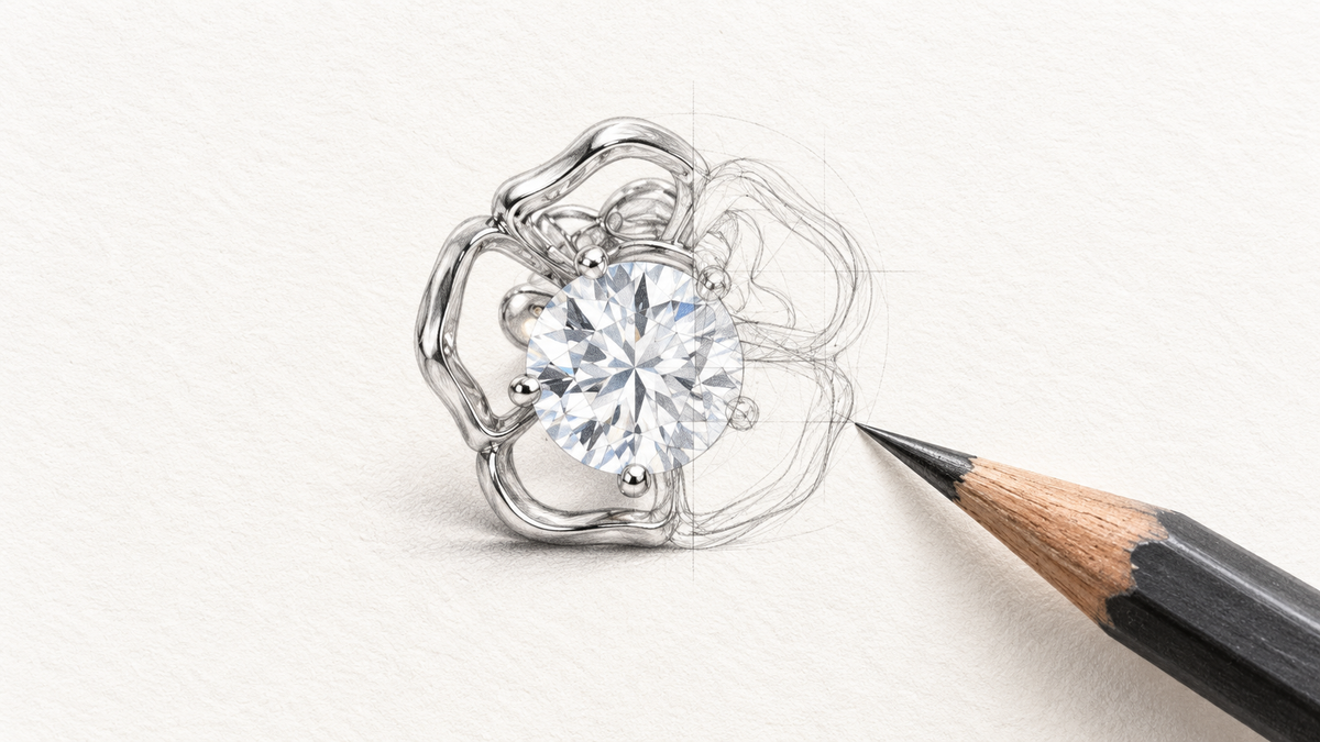 Illustrative pencil study of a floral earring drawing beside a graphite pencil tip.