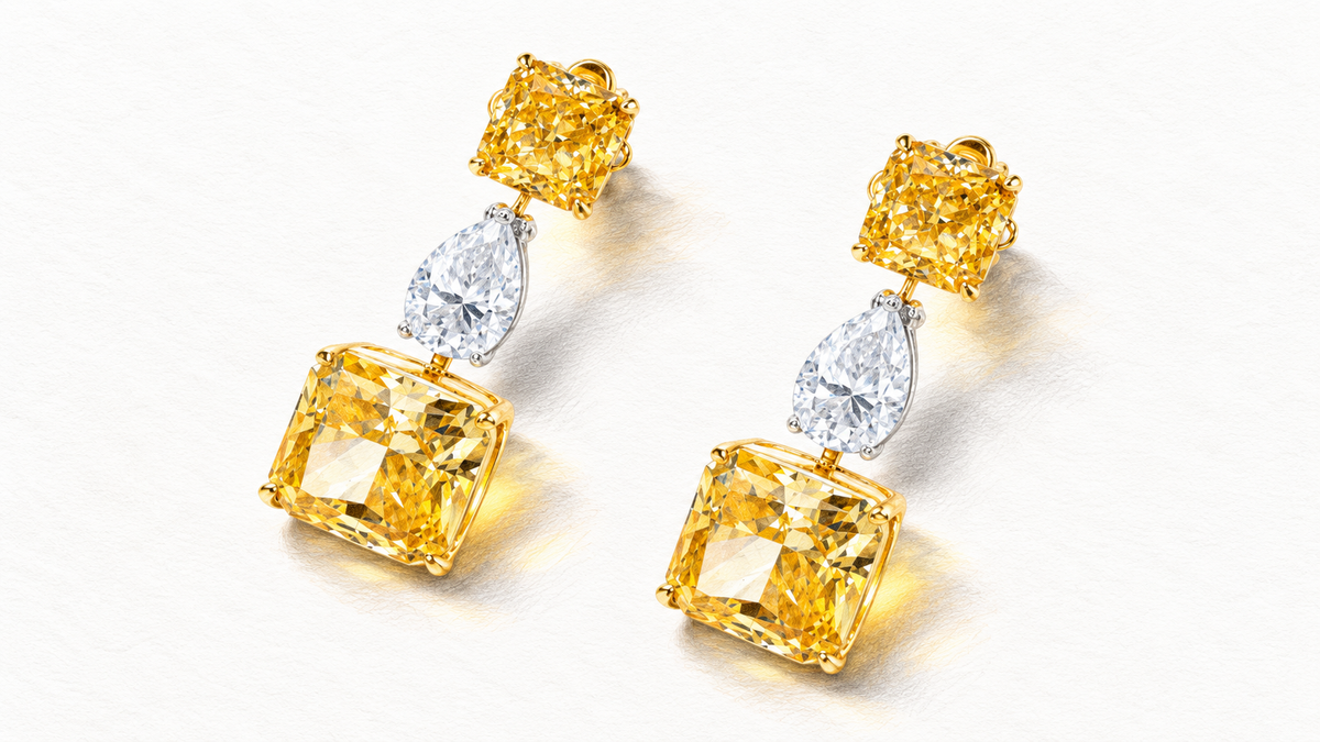 Colored pencil illustration of Luna Luminary fancy yellow and white diamond earrings.