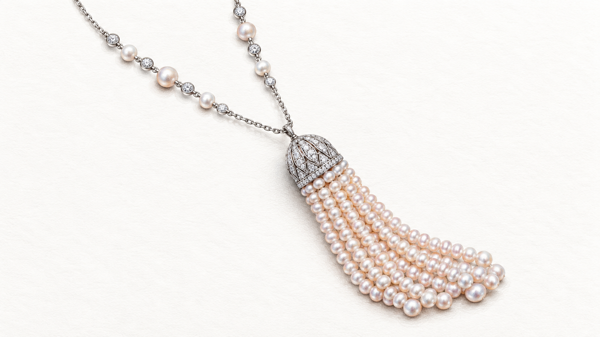 Pencil illustration of the Noor pearl and diamond necklace with its pearl tassel.