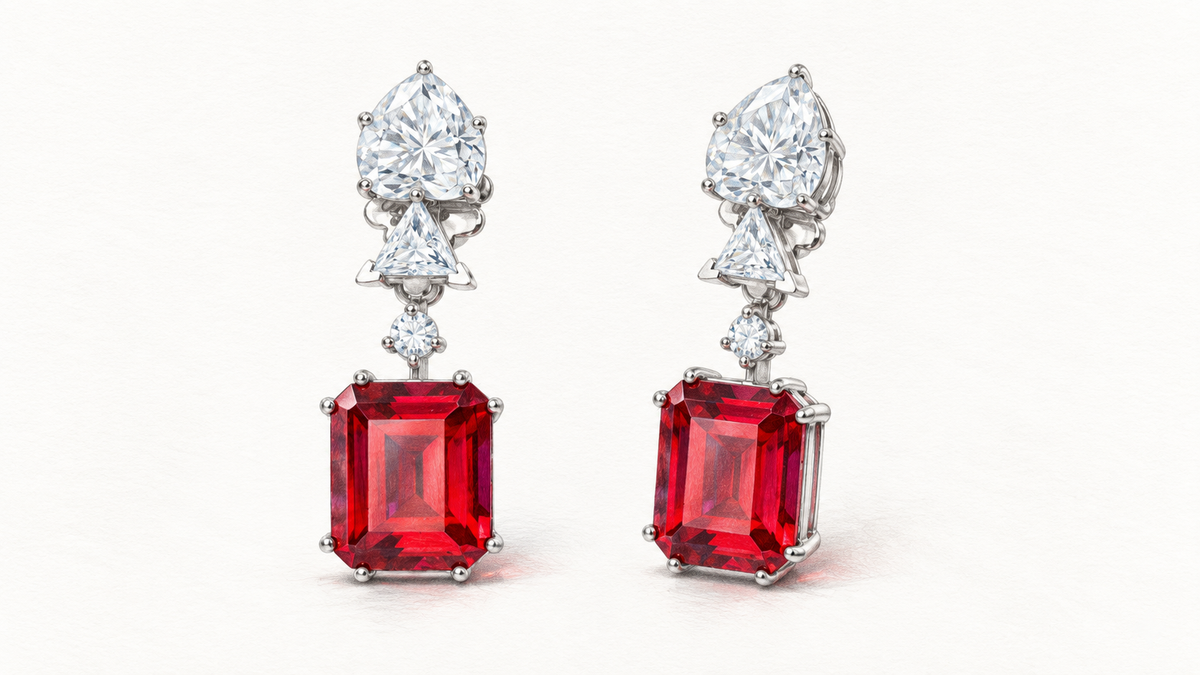 Colored pencil illustration of Royal Spade earrings with diamond motifs and red ruby drops.