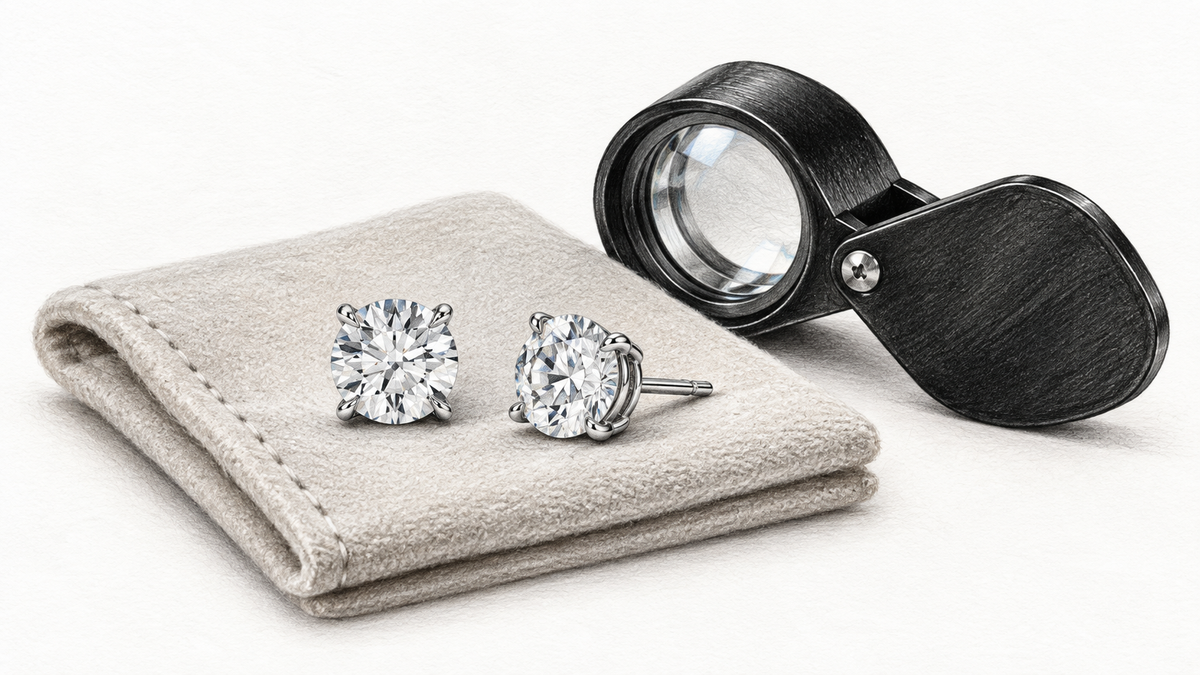 Pencil illustration of Solitaire Studs beside a folding jeweler's loupe on pale suede.