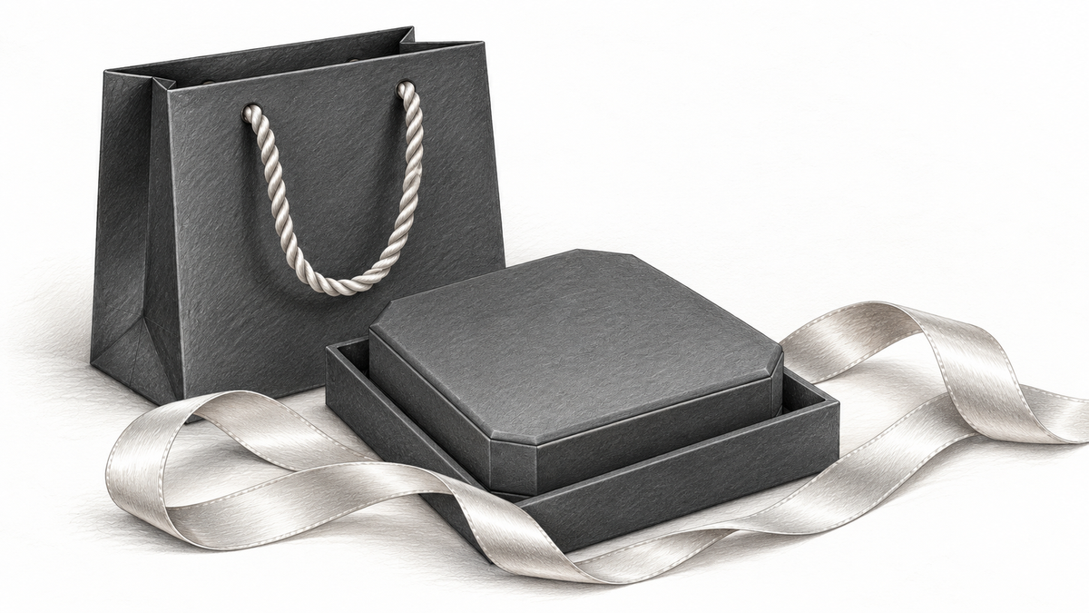 Graphite illustration of charcoal jewelry packaging, a clipped corner case and pale ribbon.