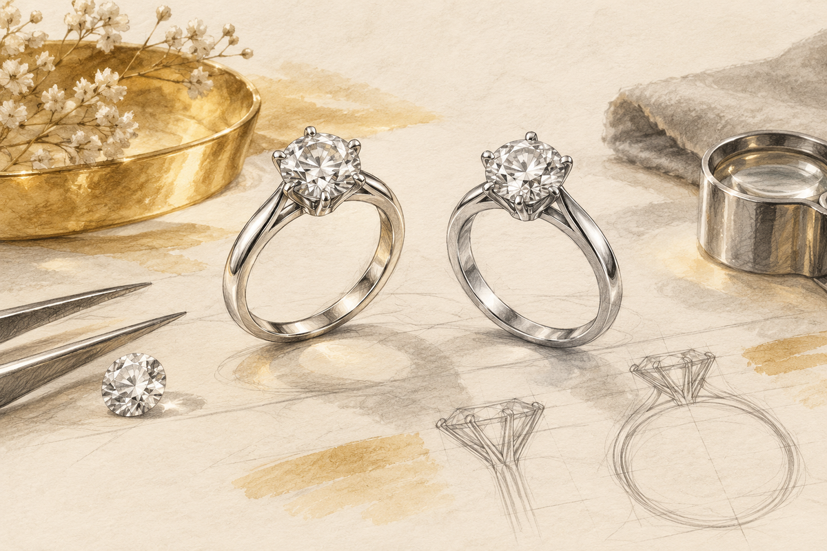 Sketch of two pale-metal diamond solitaire rings.