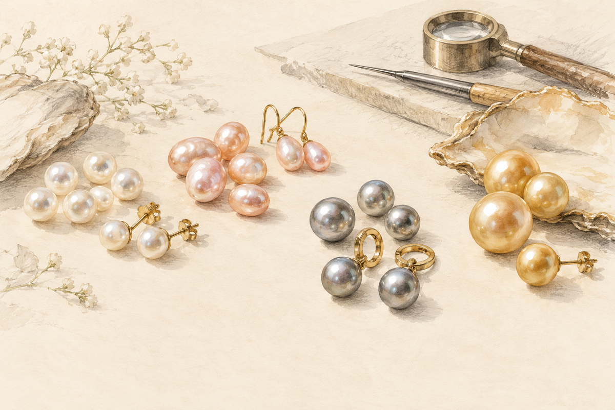 Sketch of pearl groups in ivory, pink, gray and golden tones.