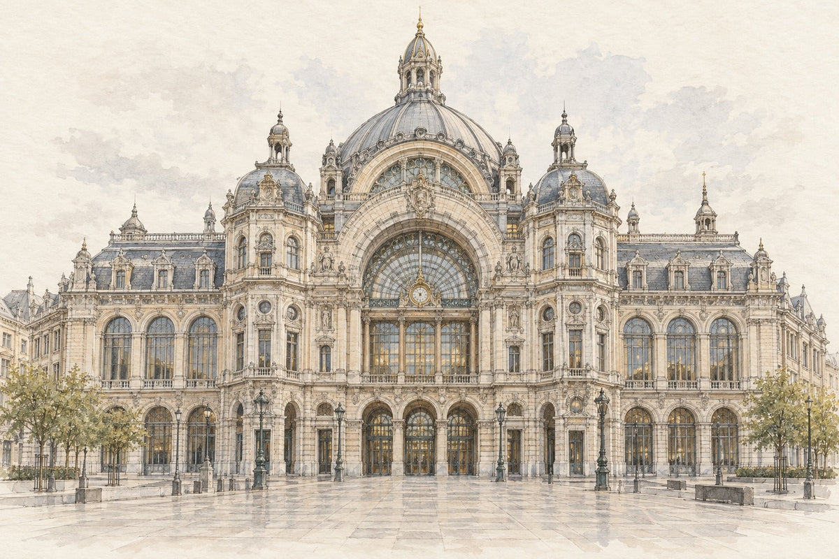 Pencil-and-wash sketch of Antwerp Central Station in Antwerp