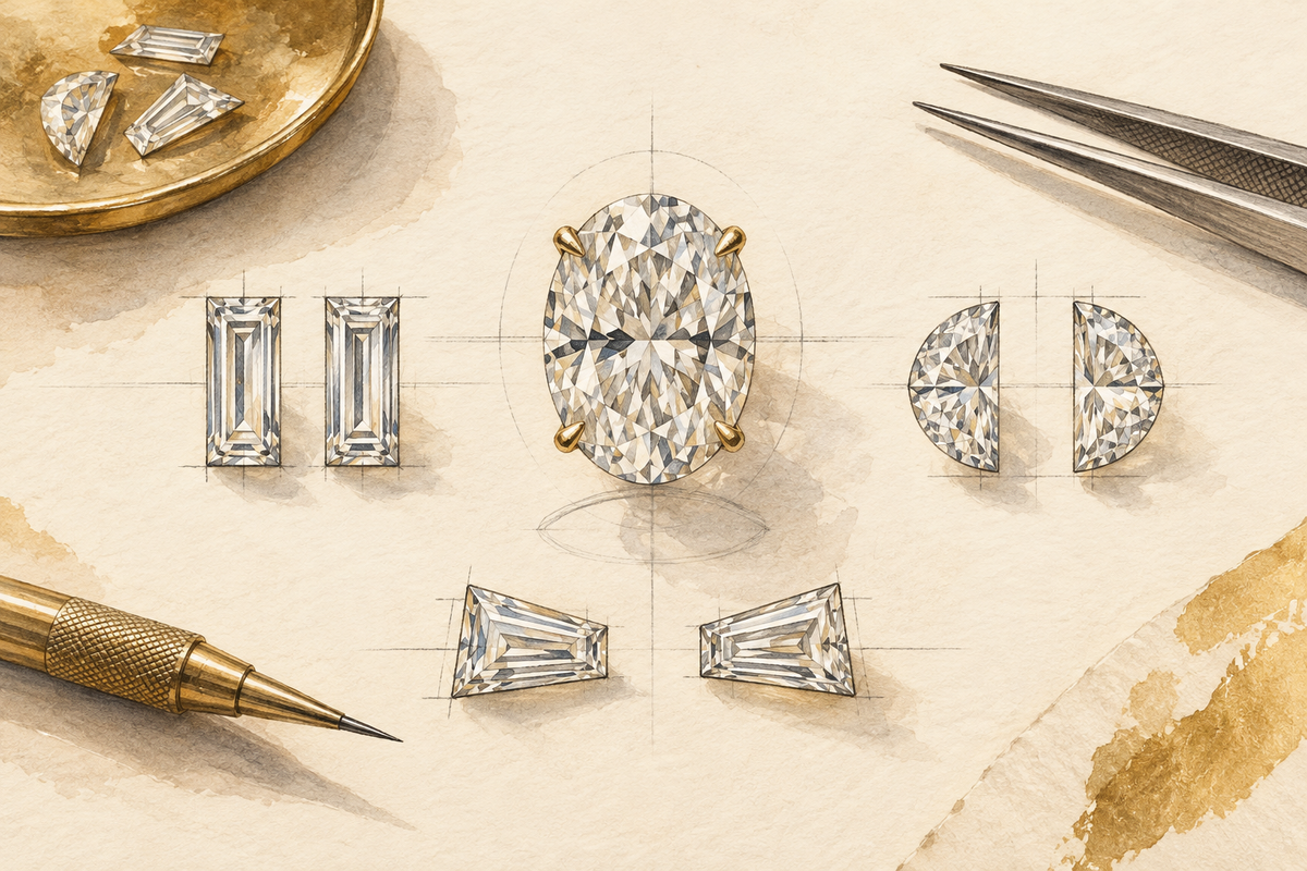 Sketch of an oval diamond with baguette, half-moon and trapezoid side-stone studies.