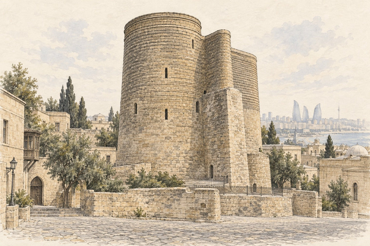Pencil-and-wash sketch of Maiden Tower in İçərişəhər in Baku