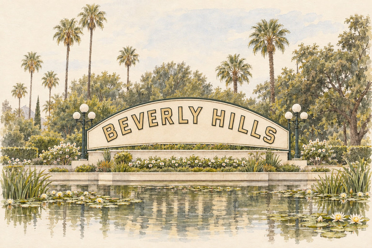 Pencil-and-wash sketch of Beverly Hills garden sign in Beverly Hills