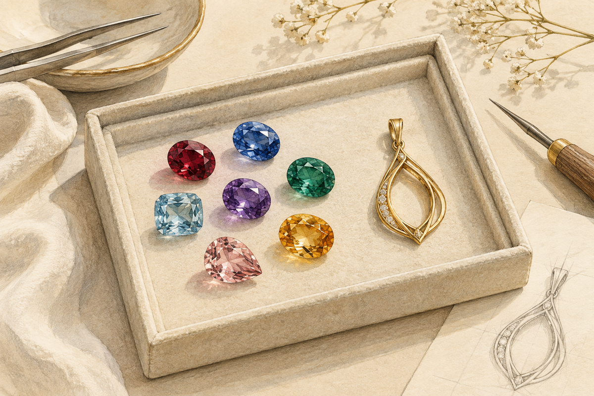 Sketch of loose colored gems on a tray beside an empty pendant mounting.