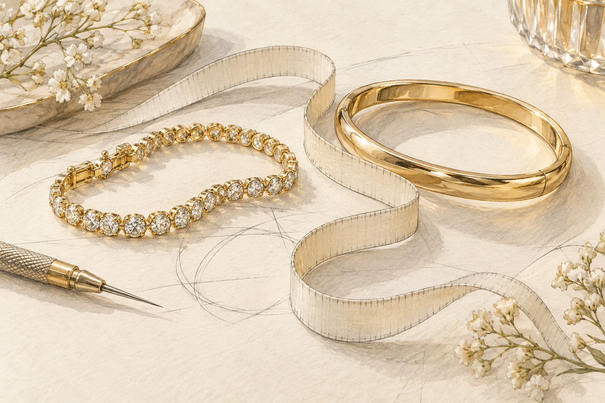 Sketch of a flexible bracelet and oval bangle beside an unmarked measuring tape.