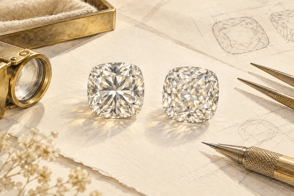 Sketch of two cushion-shaped diamonds with different facet impressions.