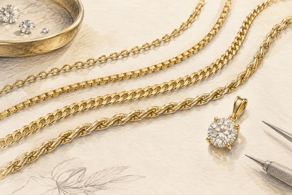 Sketch of four gold chain patterns beside a diamond pendant.