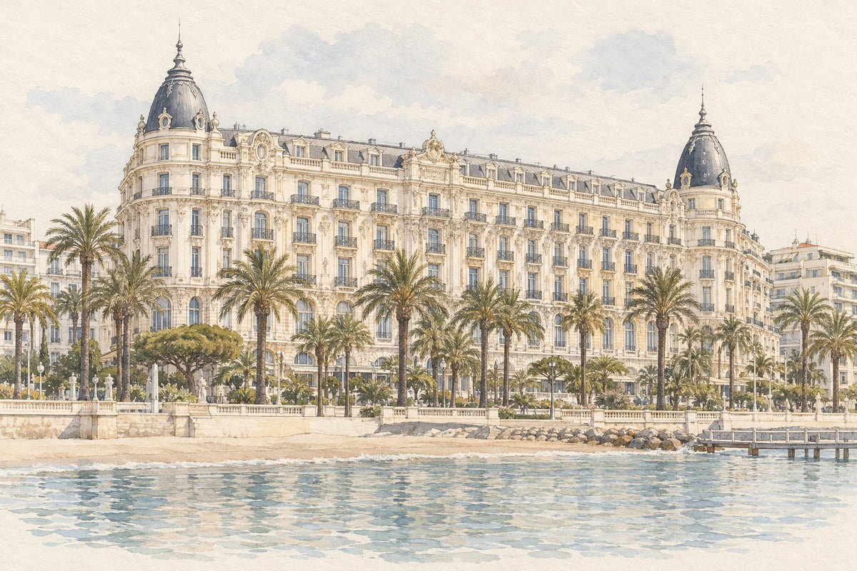 Pencil-and-wash sketch of Carlton Cannes and the Croisette in Cannes