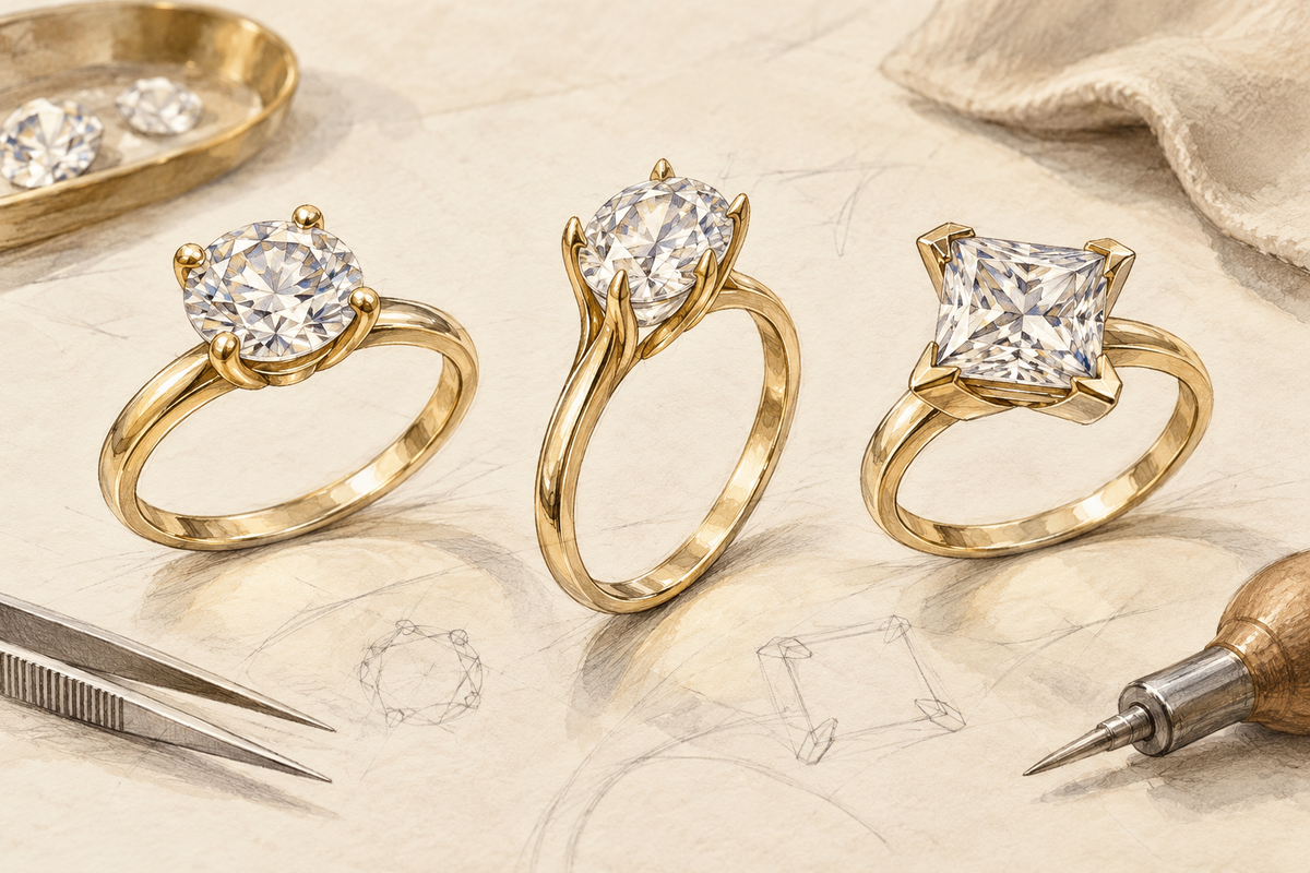 Sketch of three diamond ring settings with rounded, claw-like and corner prongs.