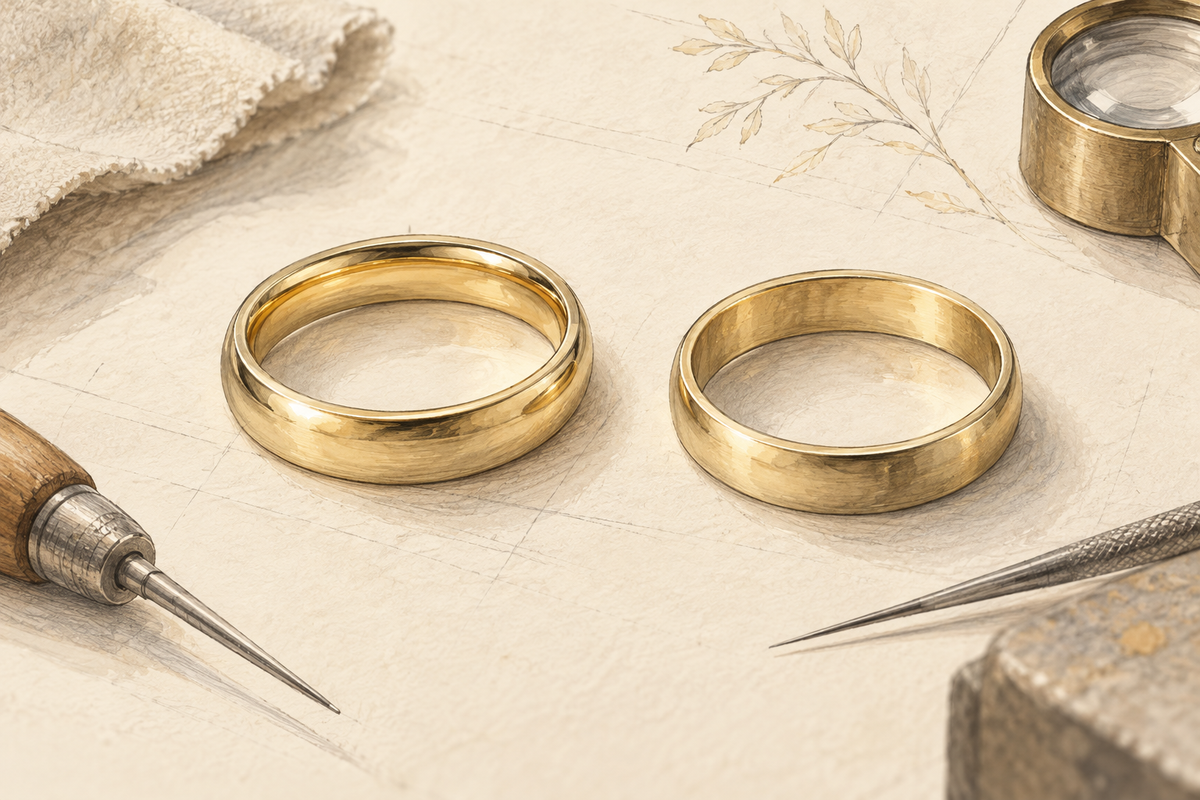 Sketch of two gold wedding bands showing rounded and flatter inner profiles.