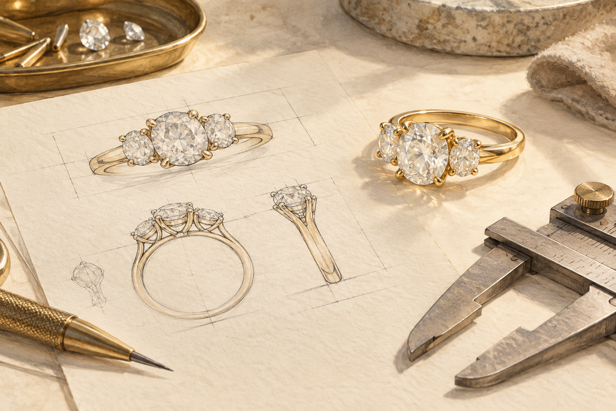 Sketch of a three-stone ring, design drawing and jeweler’s caliper.