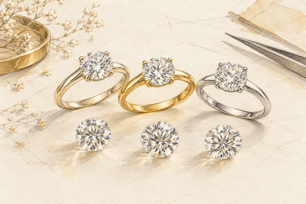 Sketch of three diamond rings in different gold tones beside loose diamonds.