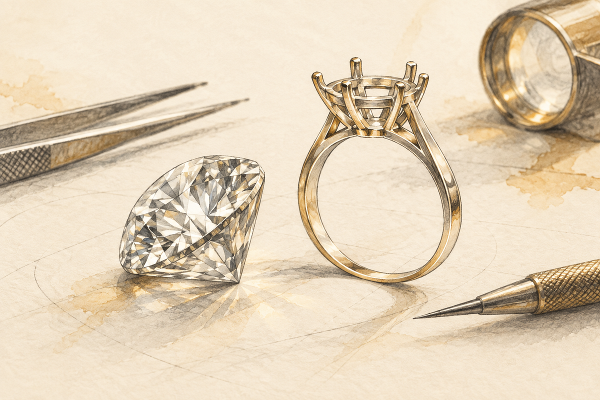 Sketch of a diamond in side profile beside an empty gold ring setting.
