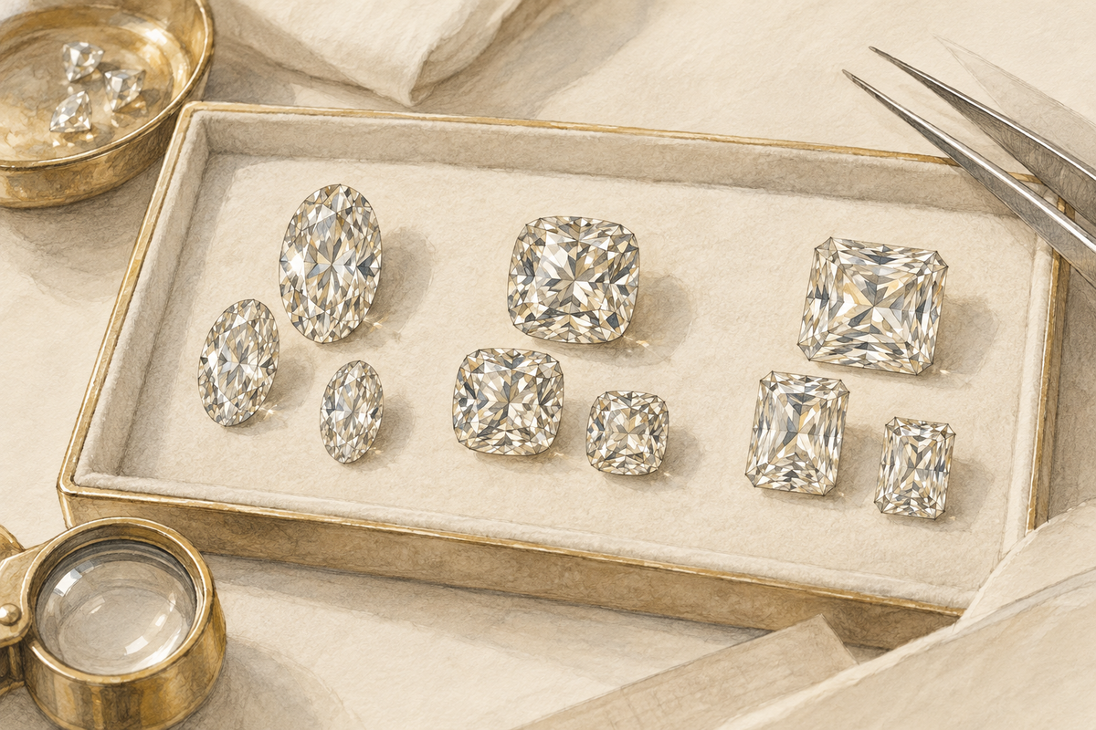Sketch of loose oval, cushion-like and rectangular diamonds arranged on a tray.