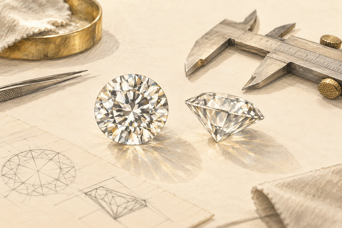 Sketch of a round diamond seen from above and from the side beside a caliper.