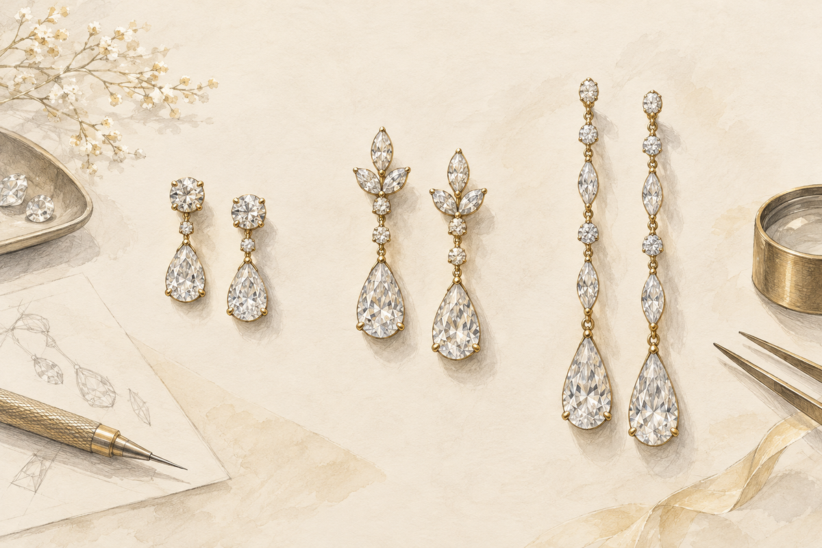 Sketch of three diamond drop-earring pairs in different lengths.