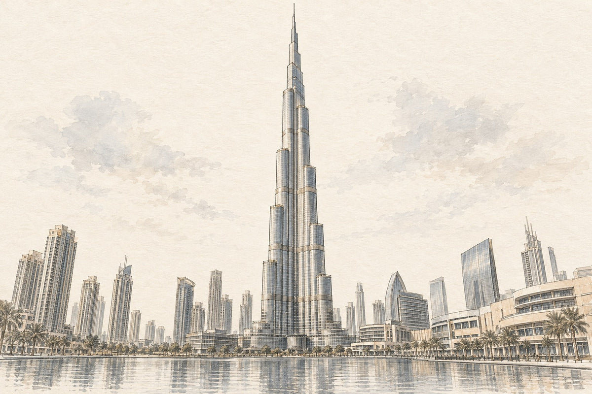 Pencil-and-wash sketch of Burj Khalifa in Dubai
